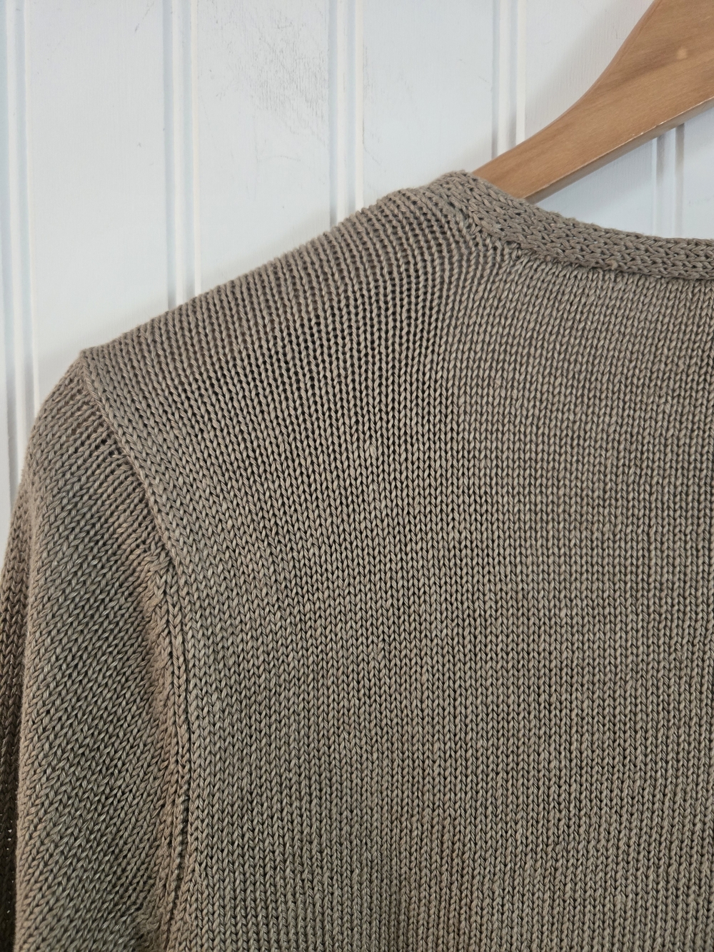 Eileen Fisher Linen Knit Taupe V-Neck Button Front Cropped Sweater - Picture 9 of 9